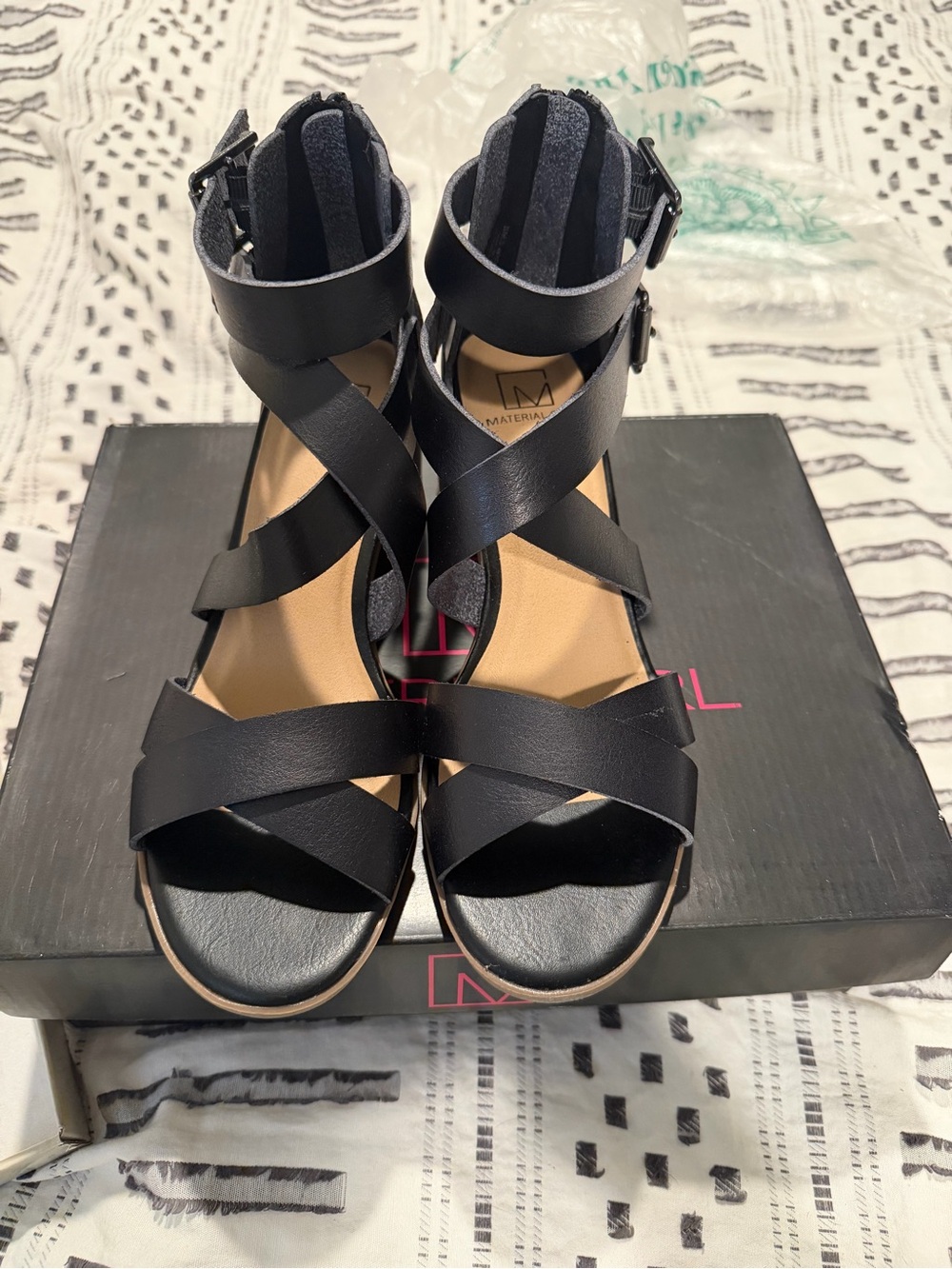 Material Girl Black Strappy Ankle-Wrap Sandals